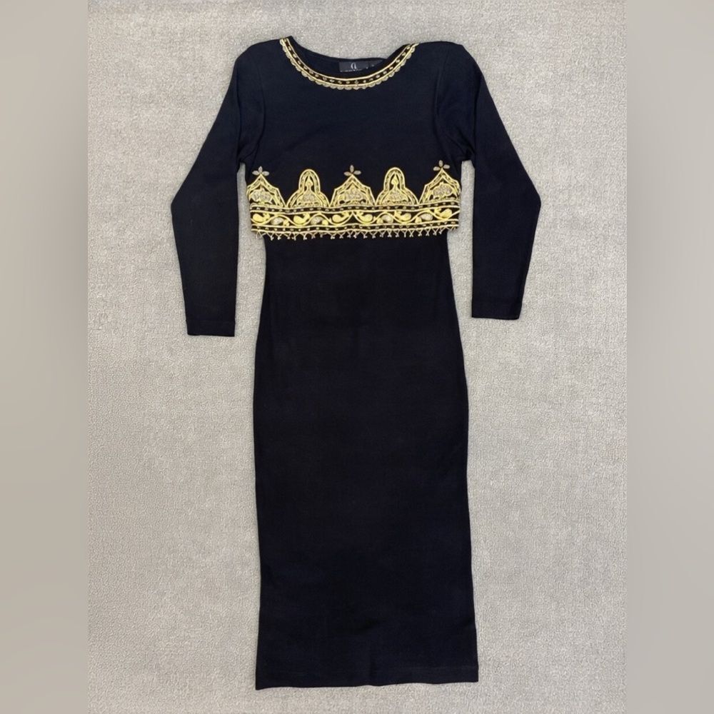 Vintage Carole Little Black Midi Dress with Gold Beading 80s 90s Elegant Slit